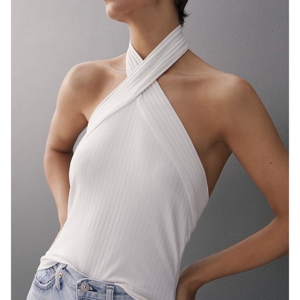 Anthropologie White Ribbed Crisscross Halter Top XL Open Back Draped Tank